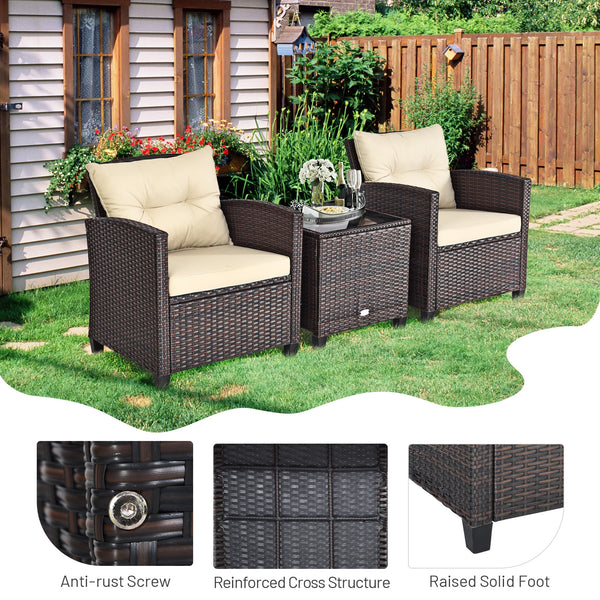 3-Piece Upholstered Rattan Patio Conversation Set with Coffee Table - Beige