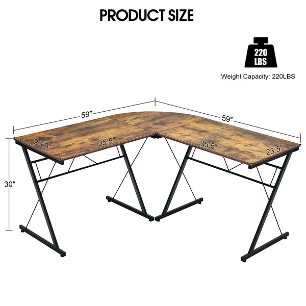 59-inch L-shaped corner computer desk for home office study workstation - brown