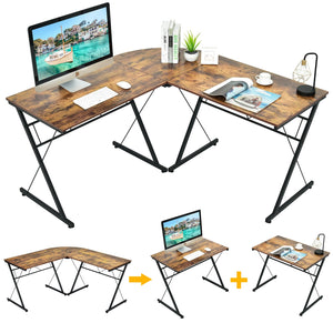 59-inch L-shaped corner computer desk for home office study workstation - brown