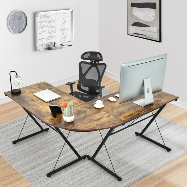 59-inch L-shaped corner computer desk for home office study workstation - brown
