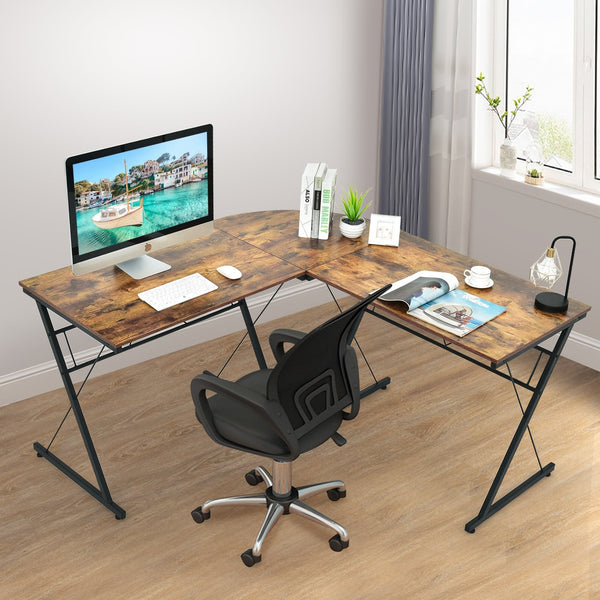 59-inch L-shaped corner computer desk for home office study workstation - brown