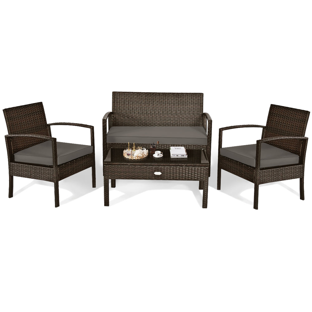 Set of 4 upholstered rattan patio furniture pieces - brown