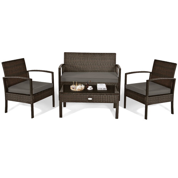 Set of 4 upholstered rattan patio furniture pieces - brown