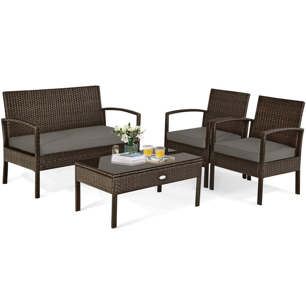 Set of 4 upholstered rattan patio furniture pieces - brown