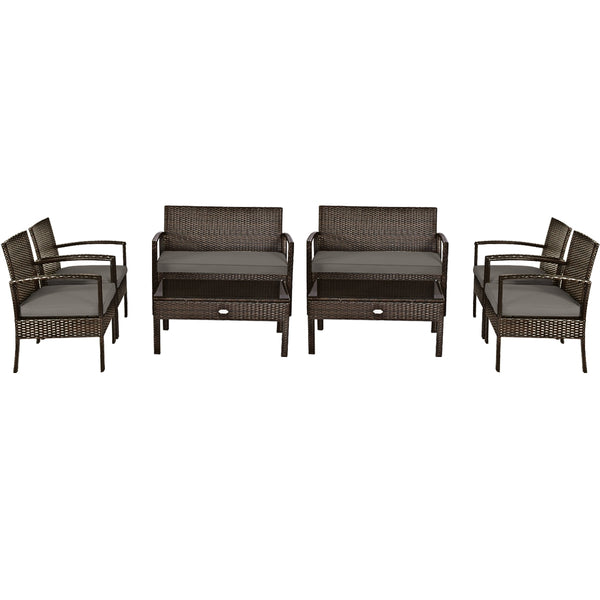 Set of 4 upholstered rattan patio furniture pieces - brown