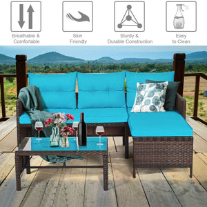 3-Piece Rattan Corner Patio Sofa Set - Turquoise