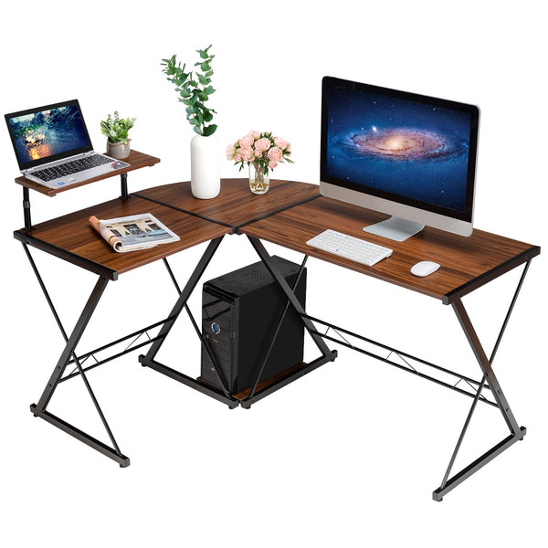 L-shaped computer gaming desk with monitor stand and CPU stand - Walnut