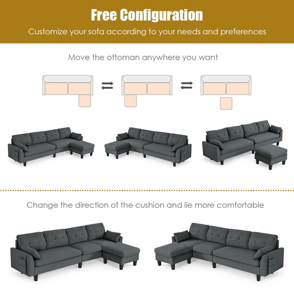 Reversible sectional sofa, L-shaped sofa with ottoman - grey