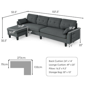 Reversible sectional sofa, L-shaped sofa with ottoman - grey