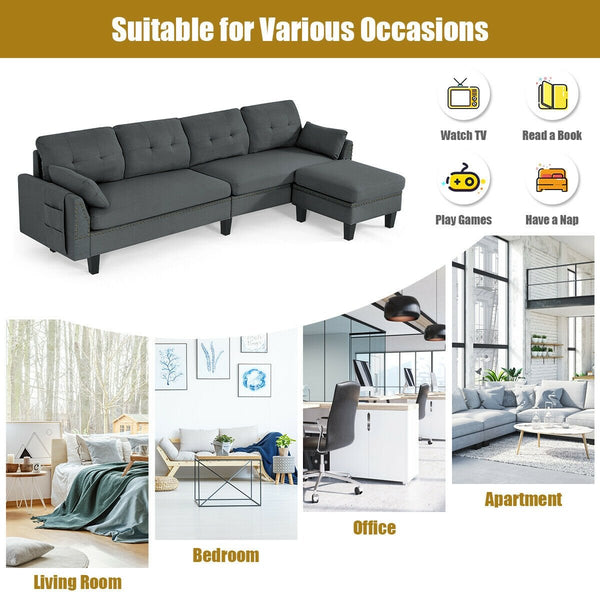 Reversible sectional sofa, L-shaped sofa with ottoman - grey