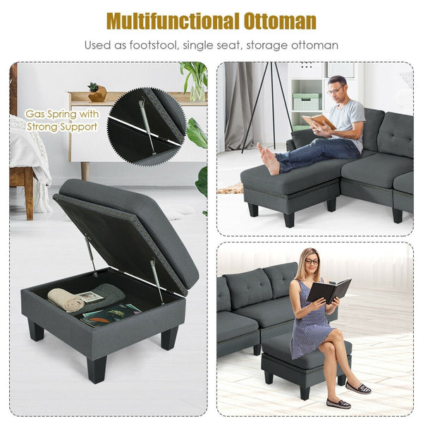 Reversible sectional sofa, L-shaped sofa with ottoman - grey