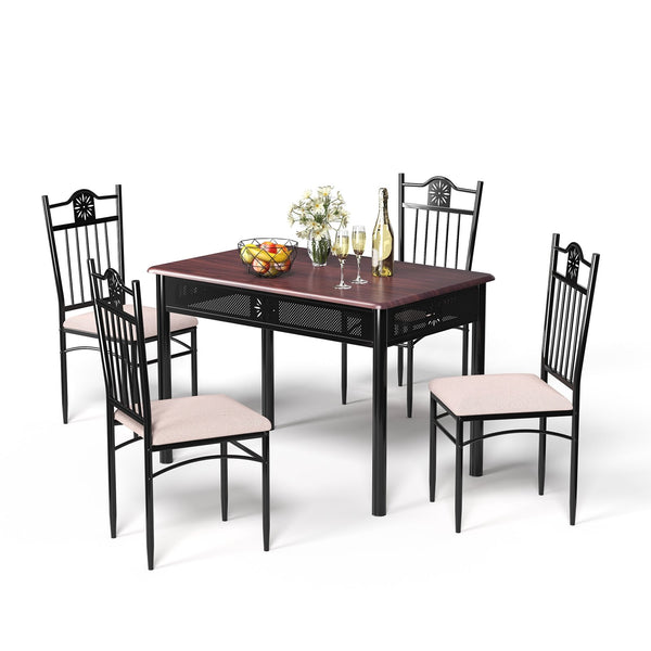 5-piece dining set in wood and metal: table and 4 chairs with cushions