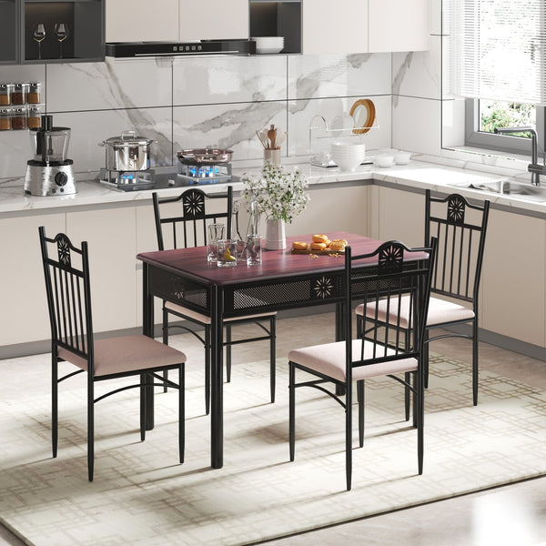 5-piece dining set in wood and metal: table and 4 chairs with cushions