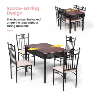 5-piece dining set in wood and metal: table and 4 chairs with cushions