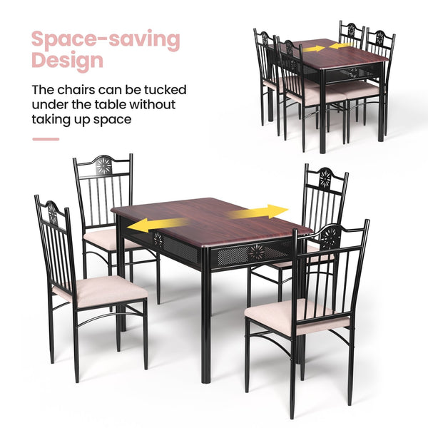 5-piece dining set in wood and metal: table and 4 chairs with cushions