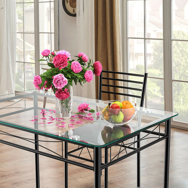 5-piece dining table with glass top and 4 upholstered chairs