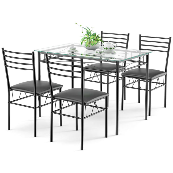 5-piece dining table with glass top and 4 upholstered chairs