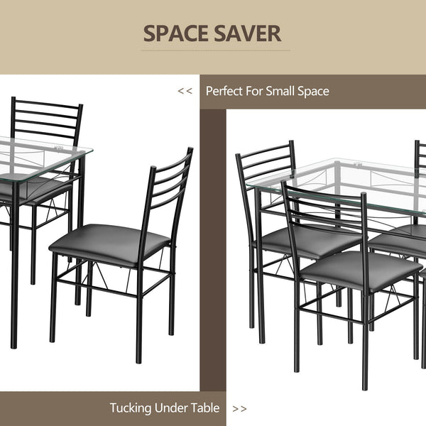 5-piece dining table with glass top and 4 upholstered chairs