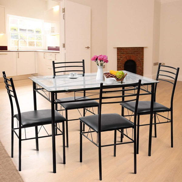 5-piece dining table with glass top and 4 upholstered chairs