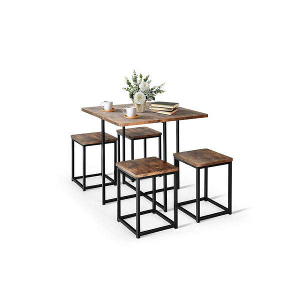 5-piece dining set with metal frame, compact dining table, and 4 stools - Walnut