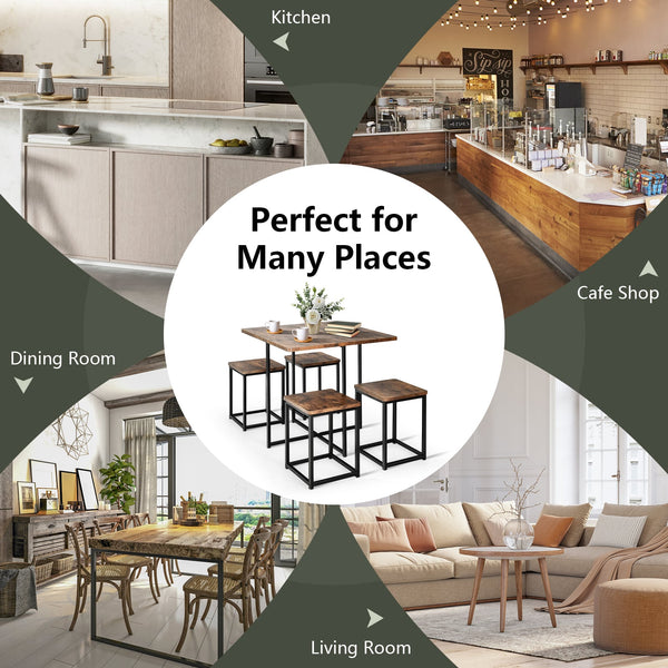 5-piece dining set with metal frame, compact dining table, and 4 stools - Walnut