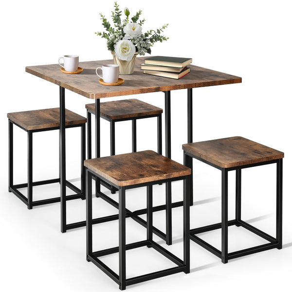 5-piece dining set with metal frame, compact dining table, and 4 stools - Walnut