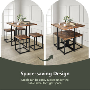 5-piece dining set with metal frame, compact dining table, and 4 stools - Walnut