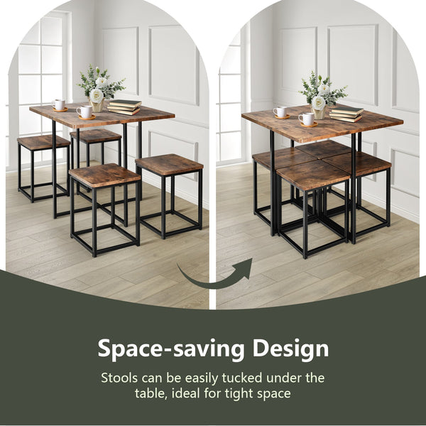 5-piece dining set with metal frame, compact dining table, and 4 stools - Walnut