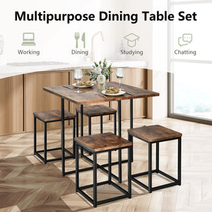 5-piece dining set with metal frame, compact dining table, and 4 stools - Walnut