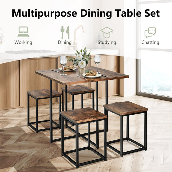 5-piece dining set with metal frame, compact dining table, and 4 stools - Walnut