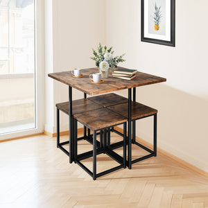 5-piece dining set with metal frame, compact dining table, and 4 stools - Walnut