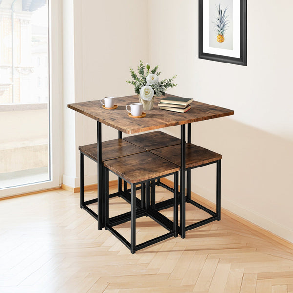 5-piece dining set with metal frame, compact dining table, and 4 stools - Walnut