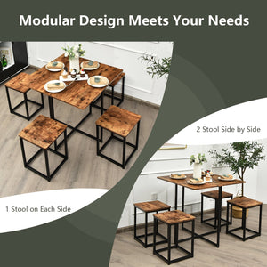 5-piece dining set with metal frame, compact dining table, and 4 stools - Walnut
