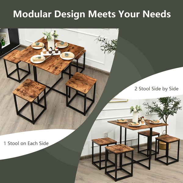 5-piece dining set with metal frame, compact dining table, and 4 stools - Walnut