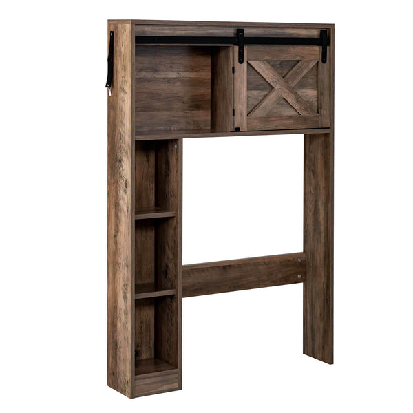 4-tier storage cabinet above the toilet with sliding barn door and storage shelves - brown