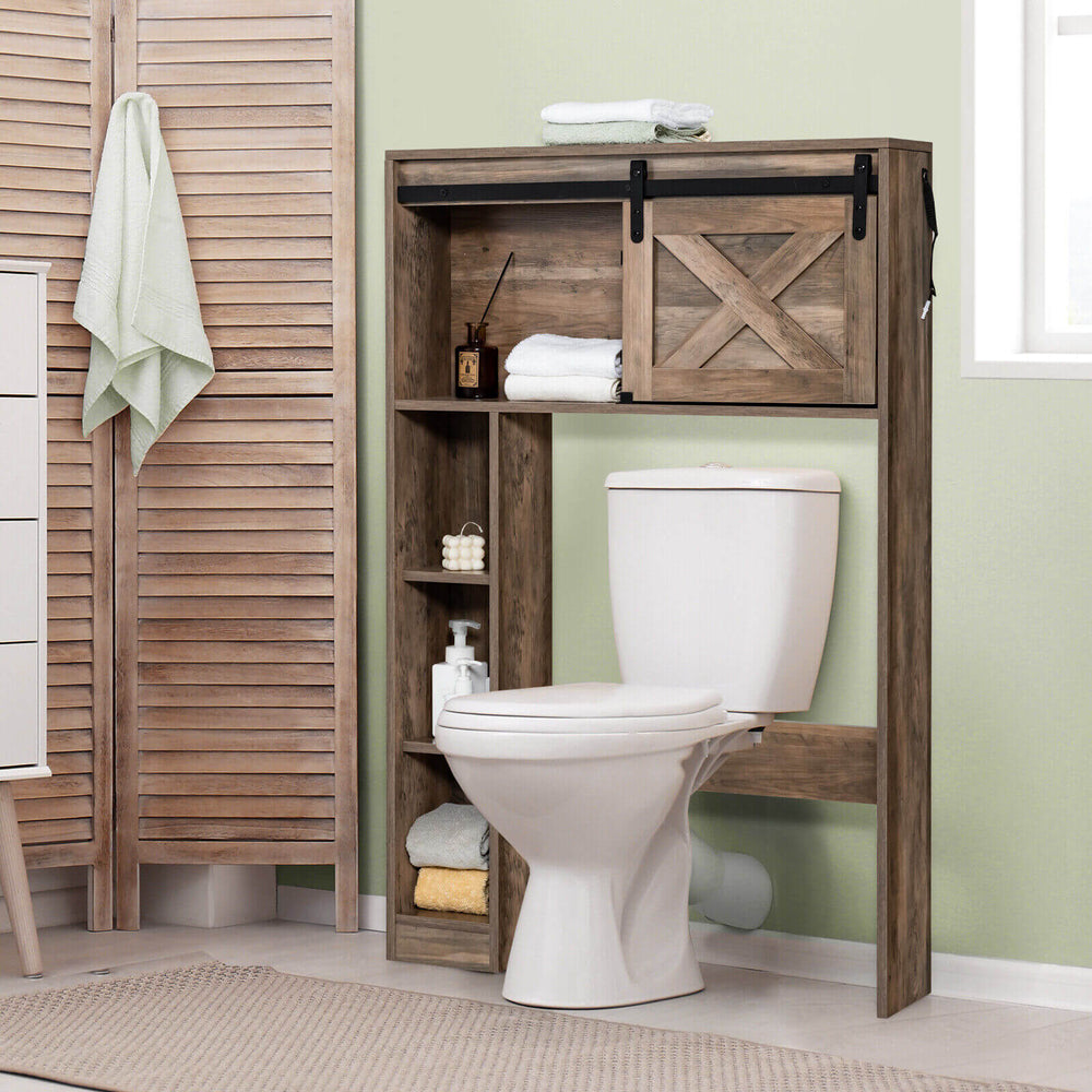 4-tier storage cabinet above the toilet with sliding barn door and storage shelves - brown