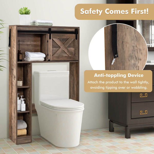 4-tier storage cabinet above the toilet with sliding barn door and storage shelves - brown