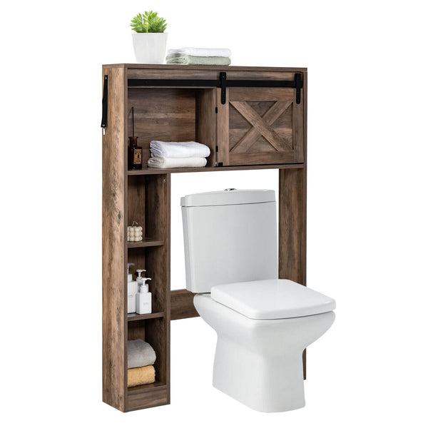 4-tier storage cabinet above the toilet with sliding barn door and storage shelves - brown