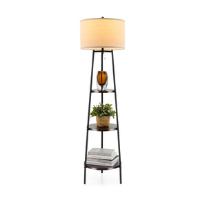 Floor lamp with storage shelves and linen lampshade