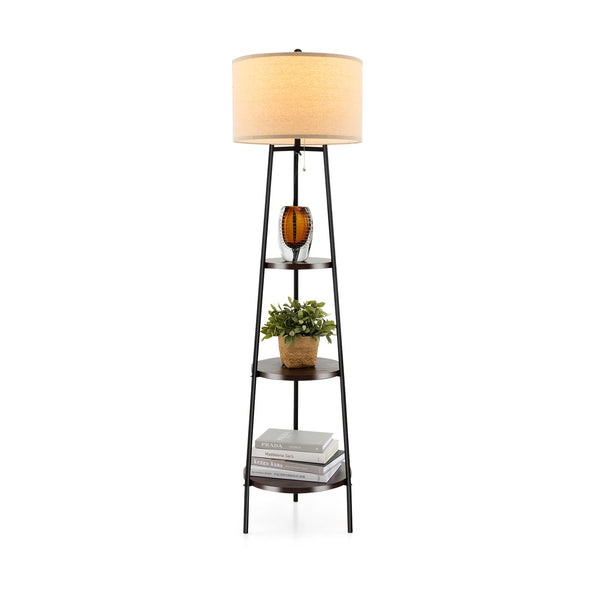 Floor lamp with storage shelves and linen lampshade