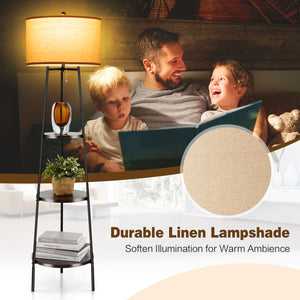Floor lamp with storage shelves and linen lampshade