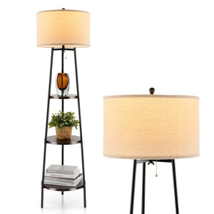 Floor lamp with storage shelves and linen lampshade