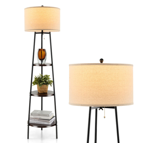 Floor lamp with storage shelves and linen lampshade