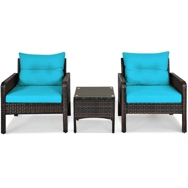 3-Piece Outdoor Patio Rattan Conversation Set with Seat Cushions - Turquoise