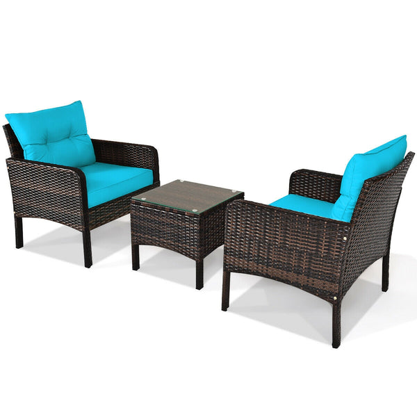 3-Piece Outdoor Patio Rattan Conversation Set with Seat Cushions - Turquoise