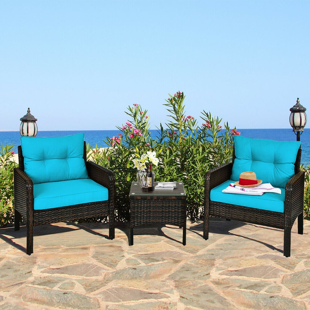 3-Piece Outdoor Patio Rattan Conversation Set with Seat Cushions - Turquoise