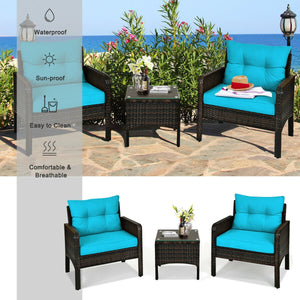 3-Piece Outdoor Patio Rattan Conversation Set with Seat Cushions - Turquoise