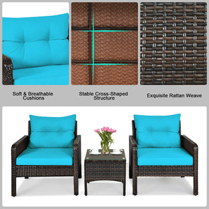 3-Piece Outdoor Patio Rattan Conversation Set with Seat Cushions - Turquoise
