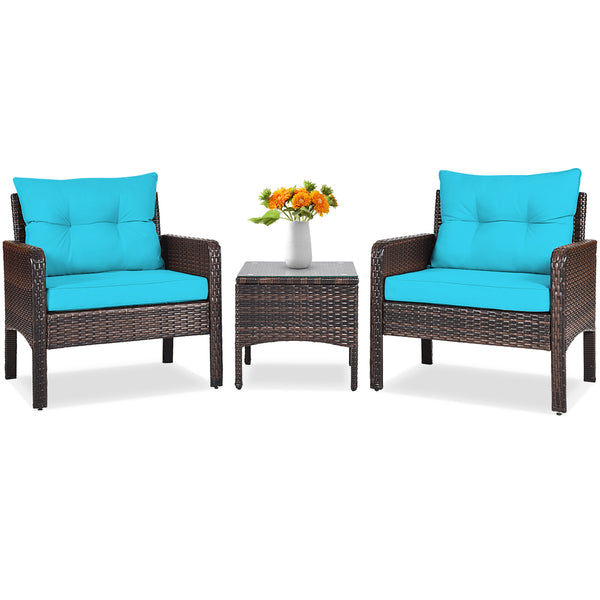 3-Piece Outdoor Patio Rattan Conversation Set with Seat Cushions - Turquoise