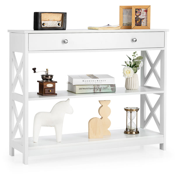 3-Tier Console Table with Drawer and Storage Shelves - White